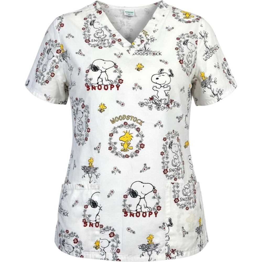 Vintage Peanuts Snoopy Woodstock Scrub Top‎ V-Neck Medical Uniform White Large